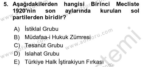 Türk Siyasal Hayatı Dersi 2023 - 2024 Yılı (Vize) Ara Sınavı 5. Soru