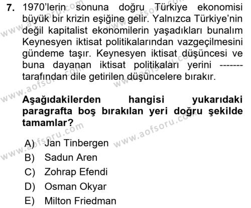 Türk Siyasal Hayatı Dersi 2023 - 2024 Yılı (Final) Dönem Sonu Sınavı 7. Soru