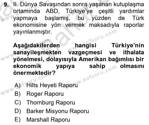 Türk Siyasal Hayatı Dersi 2023 - 2024 Yılı (Final) Dönem Sonu Sınavı 9. Soru