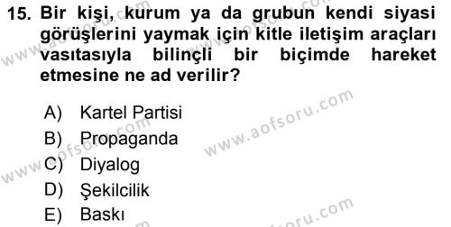 Siyaset Bilimi Dersi 2019 - 2020 Yılı (Final) Dönem Sonu Sınavı 15. Soru