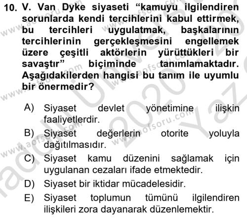 Siyaset Bilimi Dersi 2020 - 2021 Yılı Yaz Okulu Sınavı 10. Soru