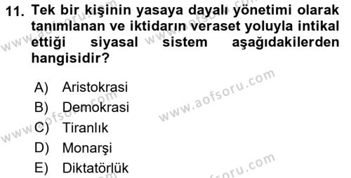 Siyaset Bilimi Dersi 2020 - 2021 Yılı Yaz Okulu Sınavı 11. Soru