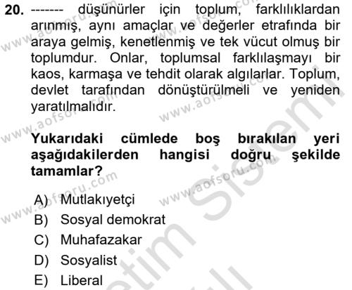 Siyaset Bilimi Dersi 2020 - 2021 Yılı Yaz Okulu Sınavı 20. Soru