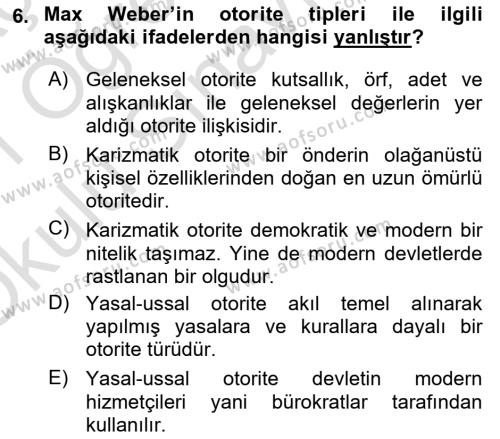 Siyaset Bilimi Dersi 2020 - 2021 Yılı Yaz Okulu Sınavı 6. Soru