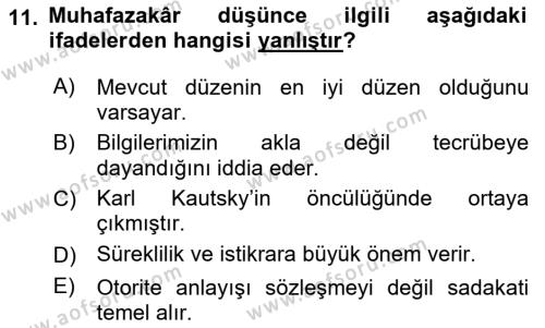 Siyaset Bilimi Dersi 2021 - 2022 Yılı (Final) Dönem Sonu Sınavı 11. Soru