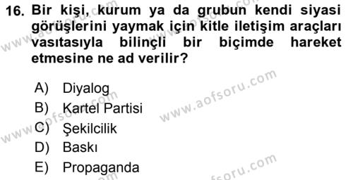 Siyaset Bilimi Dersi 2021 - 2022 Yılı (Final) Dönem Sonu Sınavı 16. Soru