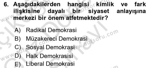 Siyaset Bilimi Dersi 2021 - 2022 Yılı (Final) Dönem Sonu Sınavı 6. Soru