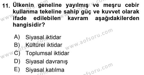 Siyaset Bilimi Dersi 2021 - 2022 Yılı Yaz Okulu Sınavı 11. Soru