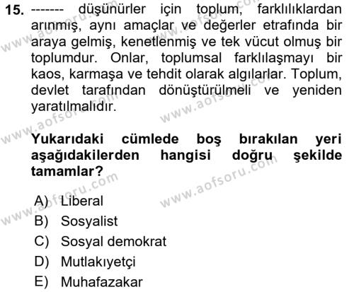 Siyaset Bilimi Dersi 2021 - 2022 Yılı Yaz Okulu Sınavı 15. Soru