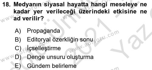 Siyaset Bilimi Dersi 2021 - 2022 Yılı Yaz Okulu Sınavı 18. Soru