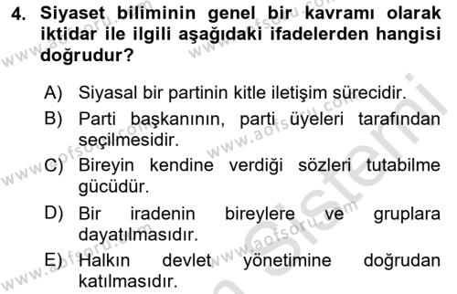 Siyaset Bilimi Dersi 2022 - 2023 Yılı (Final) Dönem Sonu Sınavı 4. Soru