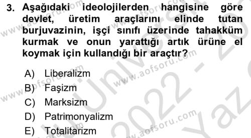 Siyaset Bilimi Dersi 2022 - 2023 Yılı Yaz Okulu Sınavı 3. Soru