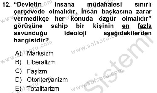 Siyaset Bilimi Dersi 2023 - 2024 Yılı Yaz Okulu Sınavı 12. Soru