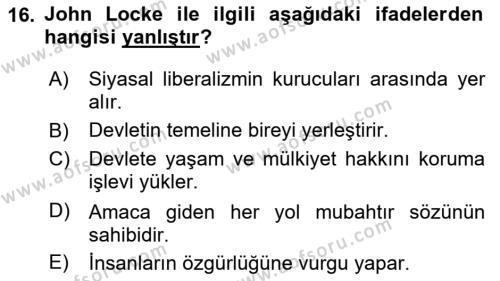 Siyaset Bilimi Dersi 2023 - 2024 Yılı Yaz Okulu Sınavı 16. Soru