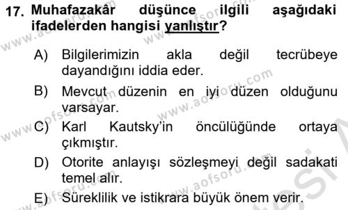 Siyaset Bilimi Dersi 2023 - 2024 Yılı Yaz Okulu Sınavı 17. Soru