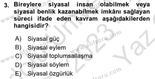 Siyaset Bilimi Dersi 2023 - 2024 Yılı Yaz Okulu Sınavı 3. Soru