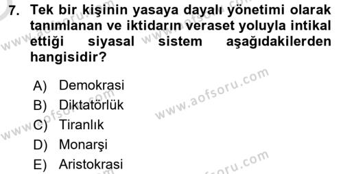 Siyaset Bilimi Dersi 2023 - 2024 Yılı Yaz Okulu Sınavı 7. Soru