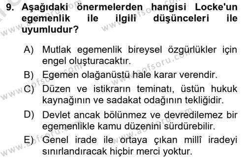 Siyaset Bilimi Dersi 2024 - 2025 Yılı (Vize) Ara Sınavı 9. Soru