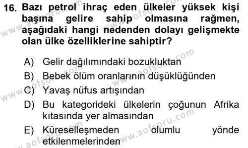 Gelişmekte Olan Ülkelerde Siyaset Dersi 2021 - 2022 Yılı (Vize) Ara Sınavı 16. Soru