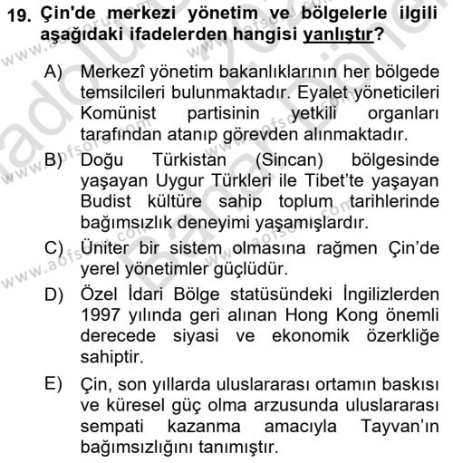 Gelişmekte Olan Ülkelerde Siyaset Dersi 2021 - 2022 Yılı (Final) Dönem Sonu Sınavı 19. Soru