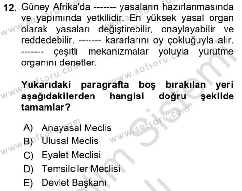 Gelişmekte Olan Ülkelerde Siyaset Dersi 2022 - 2023 Yılı Yaz Okulu Sınavı 12. Soru