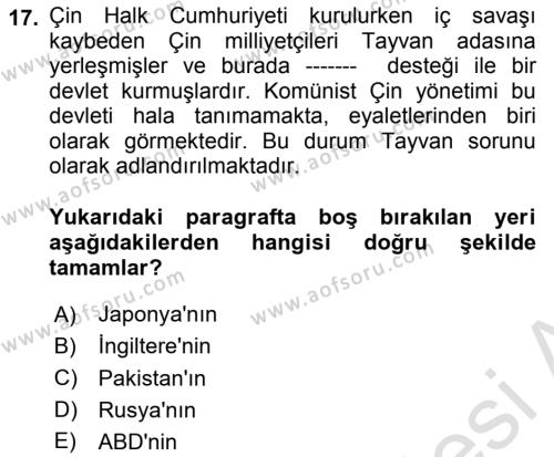 Gelişmekte Olan Ülkelerde Siyaset Dersi 2022 - 2023 Yılı Yaz Okulu Sınavı 17. Soru