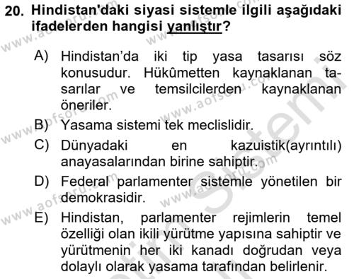 Gelişmekte Olan Ülkelerde Siyaset Dersi 2022 - 2023 Yılı Yaz Okulu Sınavı 20. Soru