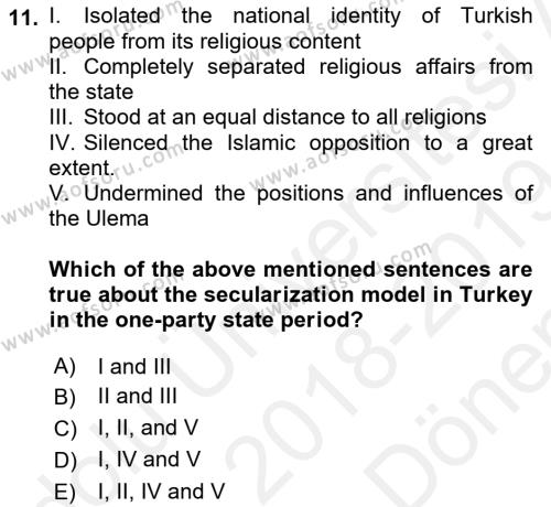 Turkish Politics Dersi 2018 - 2019 Yılı (Final) Dönem Sonu Sınavı 11. Soru