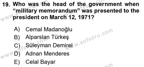 Turkish Politics Dersi 2020 - 2021 Yılı Yaz Okulu Sınavı 19. Soru