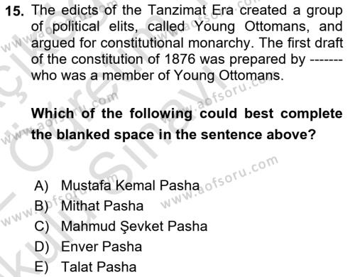 Turkish Politics Dersi 2021 - 2022 Yılı Yaz Okulu Sınavı 15. Soru