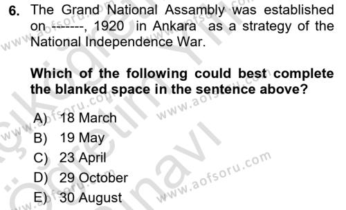Turkish Politics Dersi 2021 - 2022 Yılı Yaz Okulu Sınavı 6. Soru