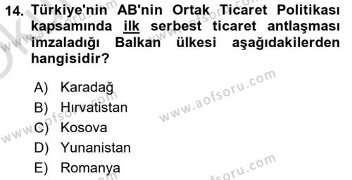 Balkanlar´da Siyaset Dersi 2021 - 2022 Yılı Yaz Okulu Sınavı 14. Soru