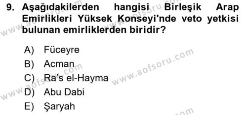 Orta Doğuda Siyaset Dersi 2020 - 2021 Yılı Yaz Okulu Sınavı 9. Soru