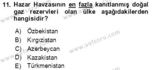 Orta Asya ve Kafkaslarda Siyaset Dersi 2021 - 2022 Yılı (Final) Dönem Sonu Sınavı 11. Soru