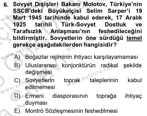 Orta Asya ve Kafkaslarda Siyaset Dersi 2022 - 2023 Yılı (Vize) Ara Sınavı 6. Soru