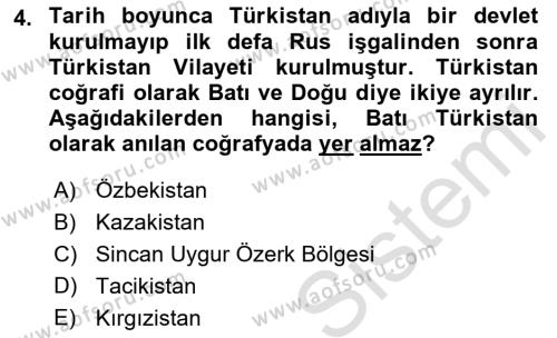 Orta Asya ve Kafkaslarda Siyaset Dersi 2022 - 2023 Yılı (Final) Dönem Sonu Sınavı 4. Soru