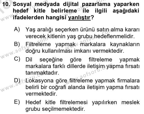 Sosyal Medyaya Giriş Dersi 2020 - 2021 Yılı Yaz Okulu Sınavı 10. Soru