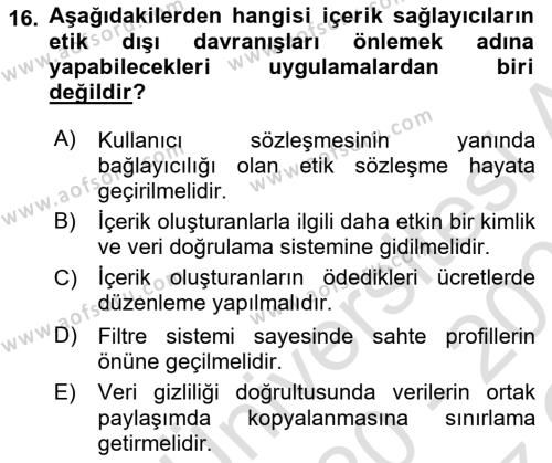 Sosyal Medyaya Giriş Dersi 2020 - 2021 Yılı Yaz Okulu Sınavı 16. Soru