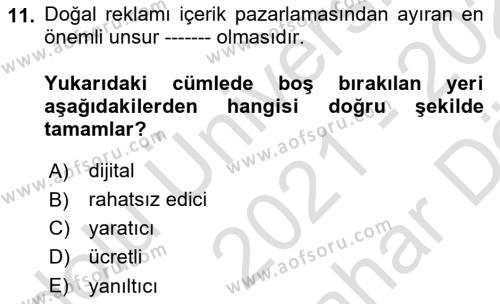 Dijital Çağda Reklam Dersi 2021 - 2022 Yılı (Vize) Ara Sınavı 11. Soru