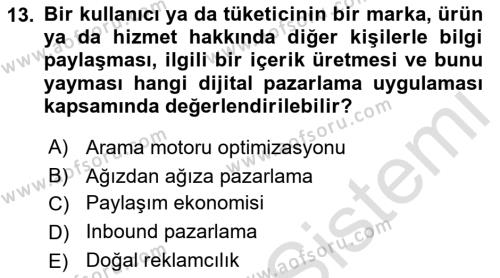 Dijital Çağda Reklam Dersi 2021 - 2022 Yılı (Vize) Ara Sınavı 13. Soru