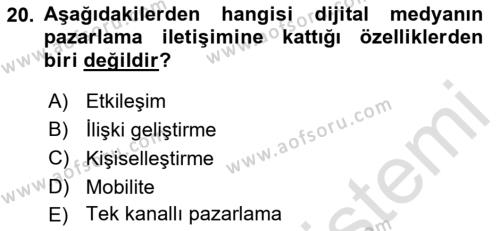 Dijital Çağda Reklam Dersi 2021 - 2022 Yılı (Final) Dönem Sonu Sınavı 20. Soru