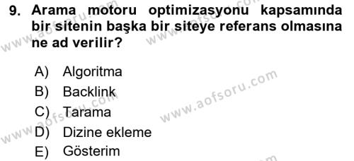 Dijital Çağda Reklam Dersi 2021 - 2022 Yılı (Final) Dönem Sonu Sınavı 9. Soru