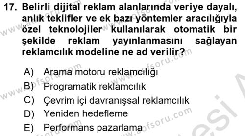 Dijital Çağda Reklam Dersi 2021 - 2022 Yılı Yaz Okulu Sınavı 17. Soru