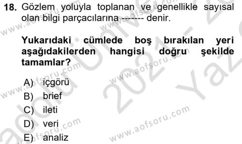 Dijital Çağda Reklam Dersi 2021 - 2022 Yılı Yaz Okulu Sınavı 18. Soru