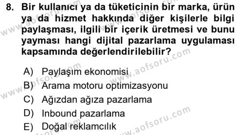 Dijital Çağda Reklam Dersi 2021 - 2022 Yılı Yaz Okulu Sınavı 8. Soru