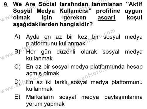 Dijital Çağda Reklam Dersi 2021 - 2022 Yılı Yaz Okulu Sınavı 9. Soru