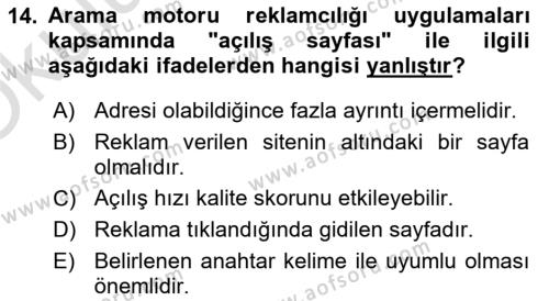 Dijital Çağda Reklam Dersi 2022 - 2023 Yılı Yaz Okulu Sınavı 14. Soru