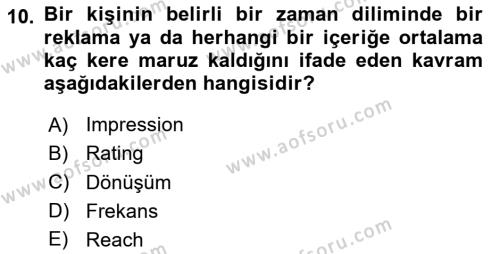Dijital Çağda Reklam Dersi 2023 - 2024 Yılı (Vize) Ara Sınavı 10. Soru