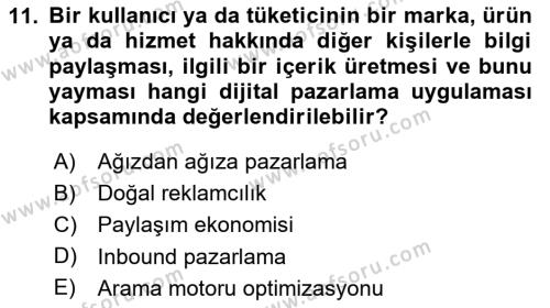 Dijital Çağda Reklam Dersi 2023 - 2024 Yılı (Vize) Ara Sınavı 11. Soru