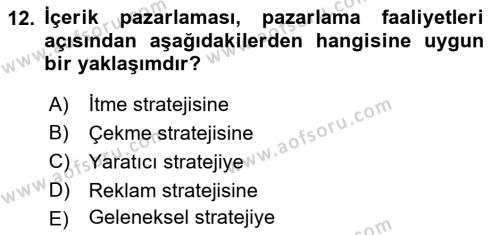 Dijital Çağda Reklam Dersi 2023 - 2024 Yılı (Vize) Ara Sınavı 12. Soru